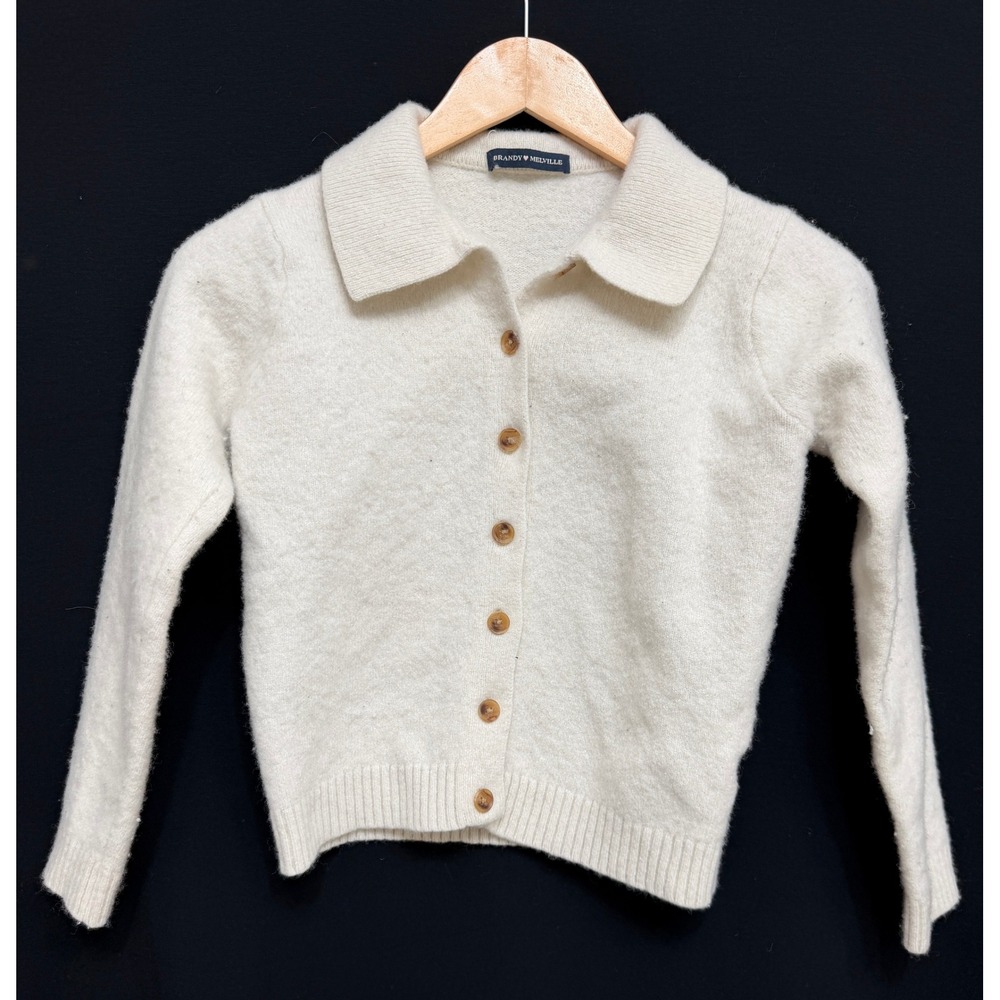 Brandy Melville Women's Cardigan Cream Wool Blend Collared Button Up Preppy Knit